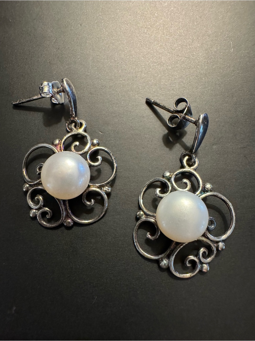 Sterling Silver Pearl Scroll Filigree Drop Earrings